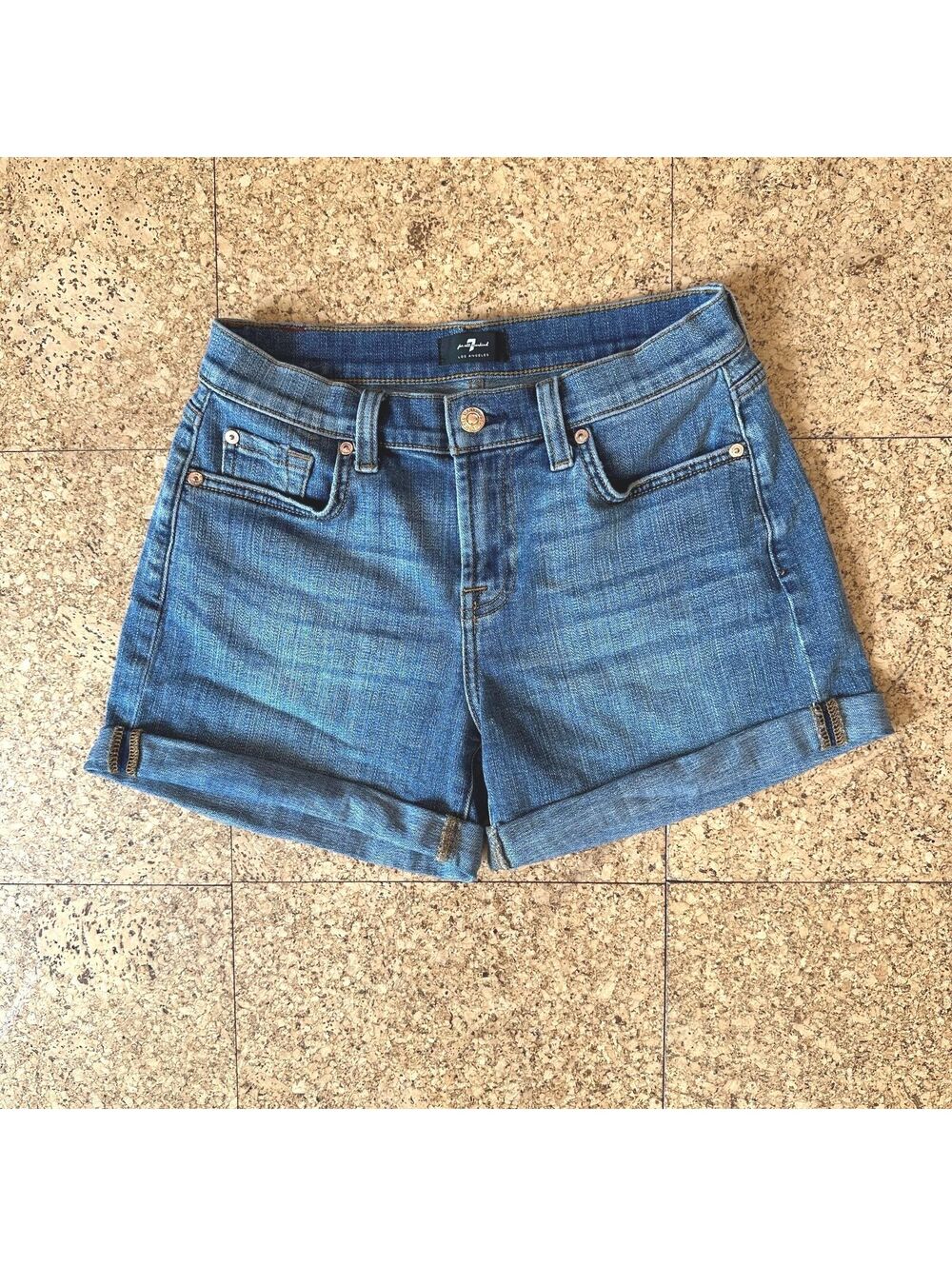 7 For All Mankind Mid Roll Cuffed 4" Inseam Denim Shorts Women's 26 Blue Stretch